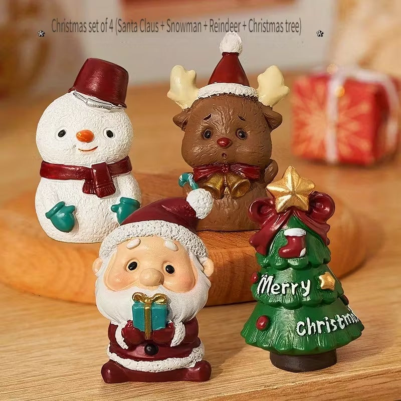 4pcs Christmas Desktop Ornaments Mini Santa Claus Snowman Resin Decor with Gift Box Holiday Gift