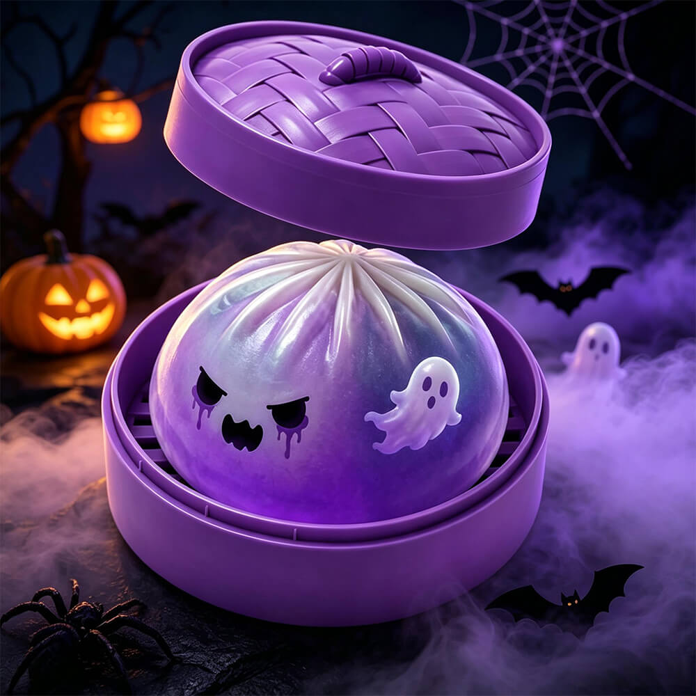 4pcs Halloween Dumpling Squishy Toy with Steamer Box 3.35inch Blind Box Squeeze Stress Relief Toy for Halloween Gifts