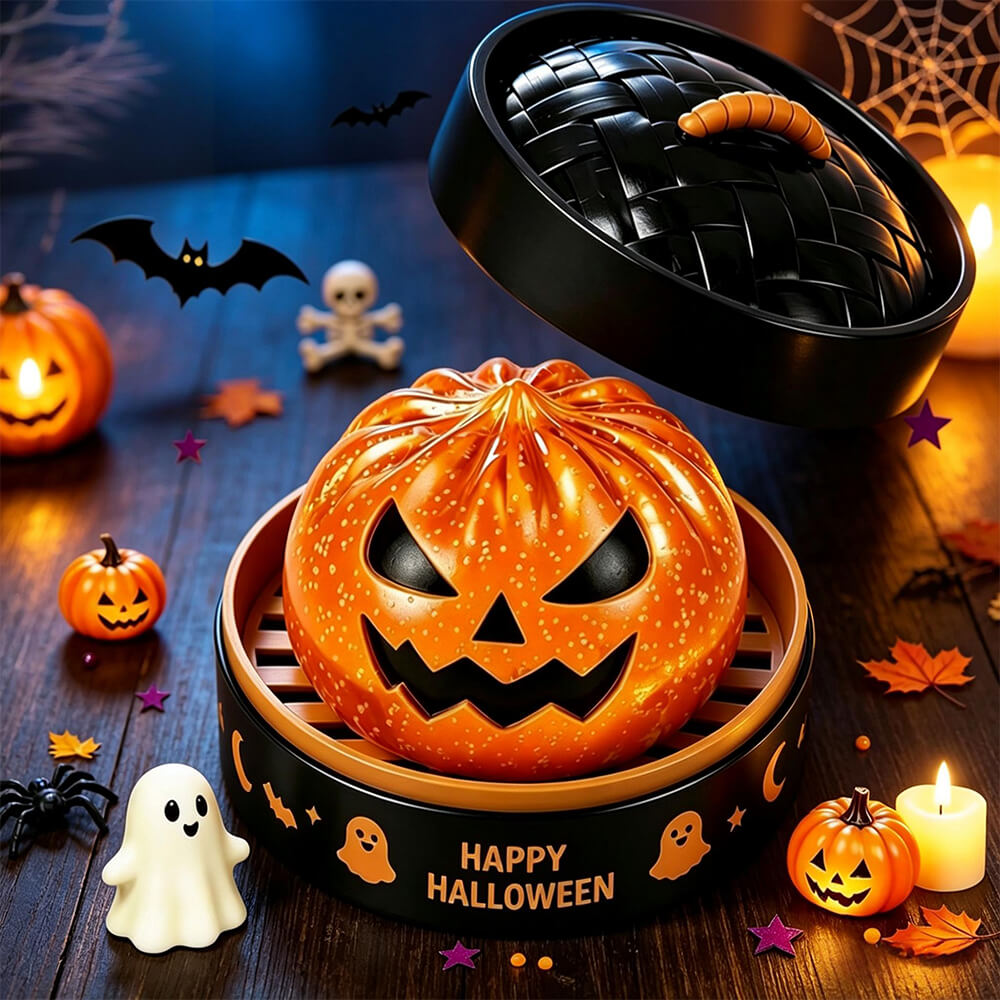 4pcs Halloween Dumpling Squishy Toy with Steamer Box 3.35inch Blind Box Squeeze Stress Relief Toy for Halloween Gifts