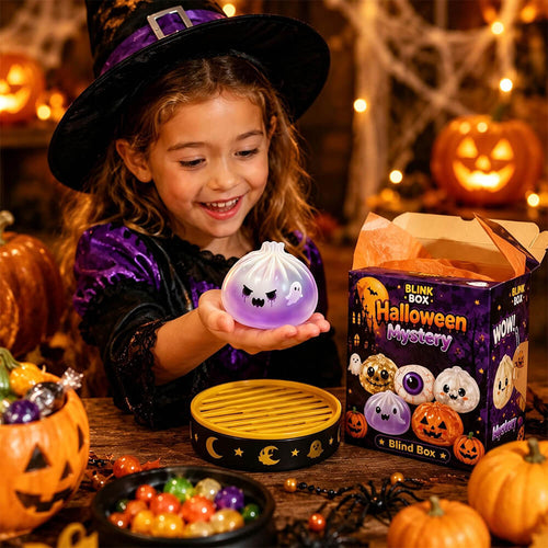 4pcs Halloween Dumpling Squishies with Steamer Box 3.35inch Blind Box Squeeze Stress Relief Toy for Halloween Gifts