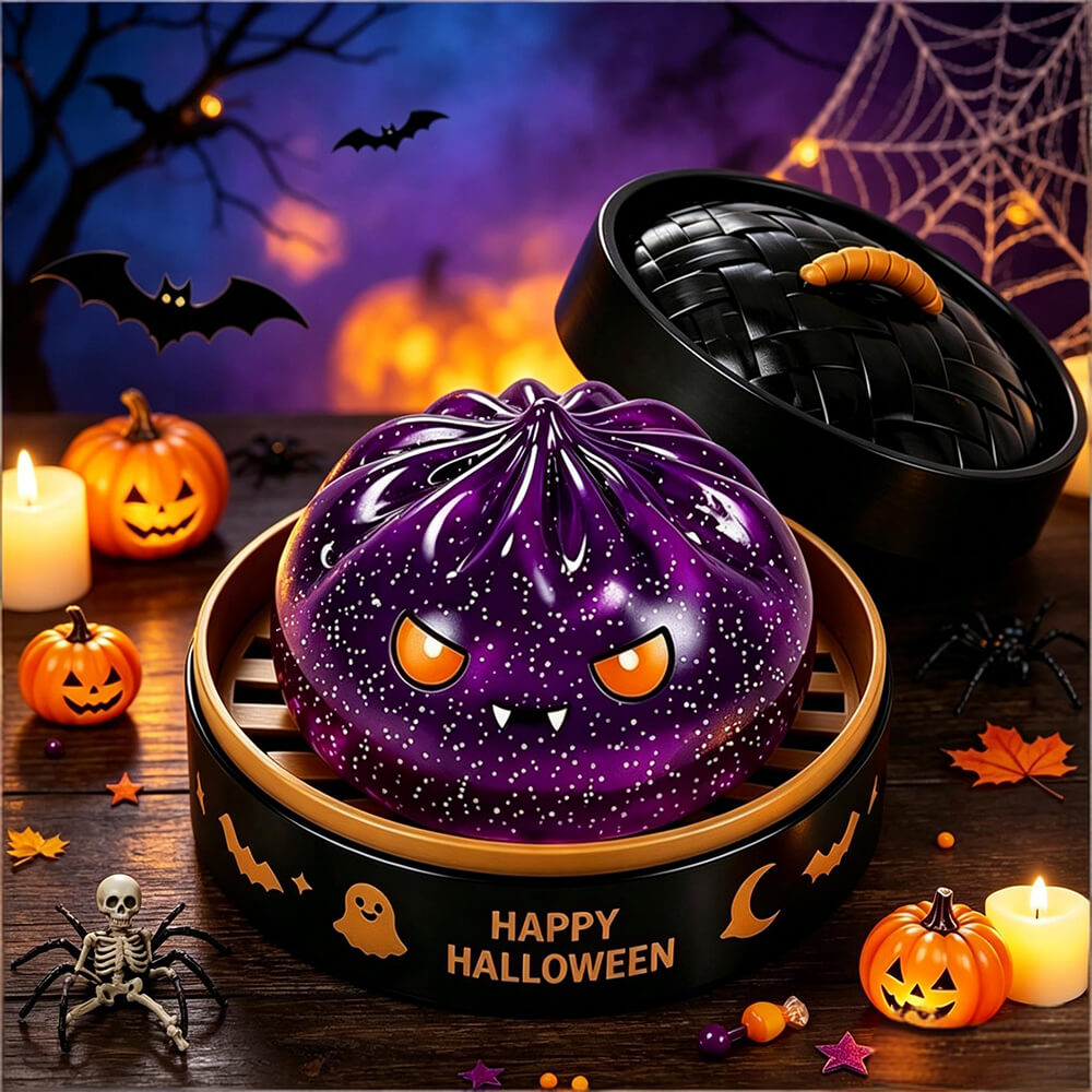 4pcs Halloween Dumpling Squishy Toy with Steamer Box 3.35inch Blind Box Squeeze Stress Relief Toy for Halloween Gifts