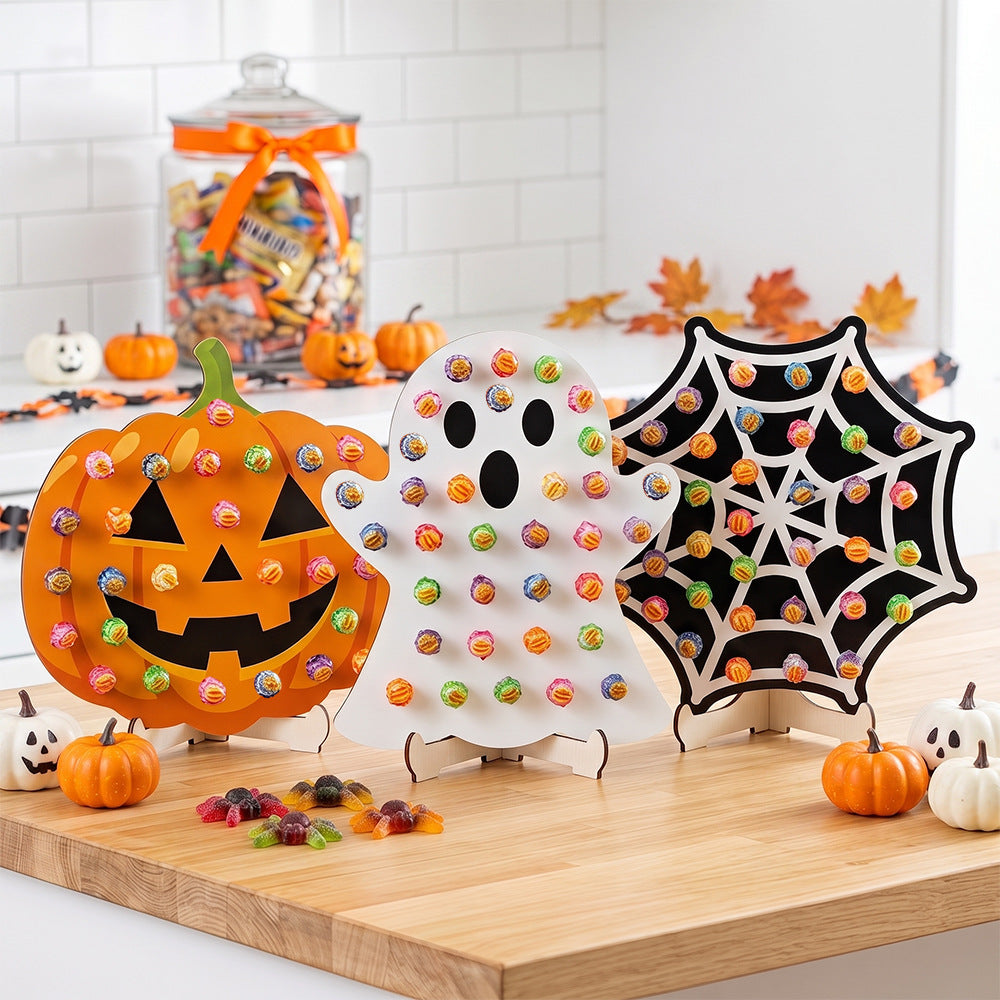 4pcs Halloween Wooden Lollipop Holder Pumpkin Ghost Spider Web Candy Display Stand for Party Table Decor