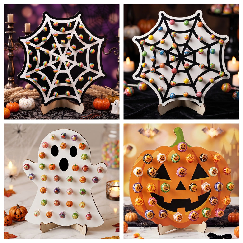 4pcs Halloween Wooden Lollipop Holder Pumpkin Ghost Spider Web Candy Display Stand for Party Table Decor
