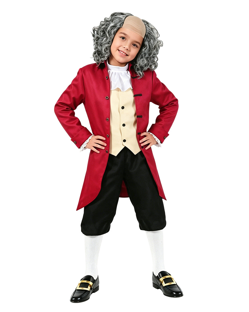 Boys July 4 Outfit Red Historical Costume with Bald Colonial Wig for USA Anniversary Celebrations