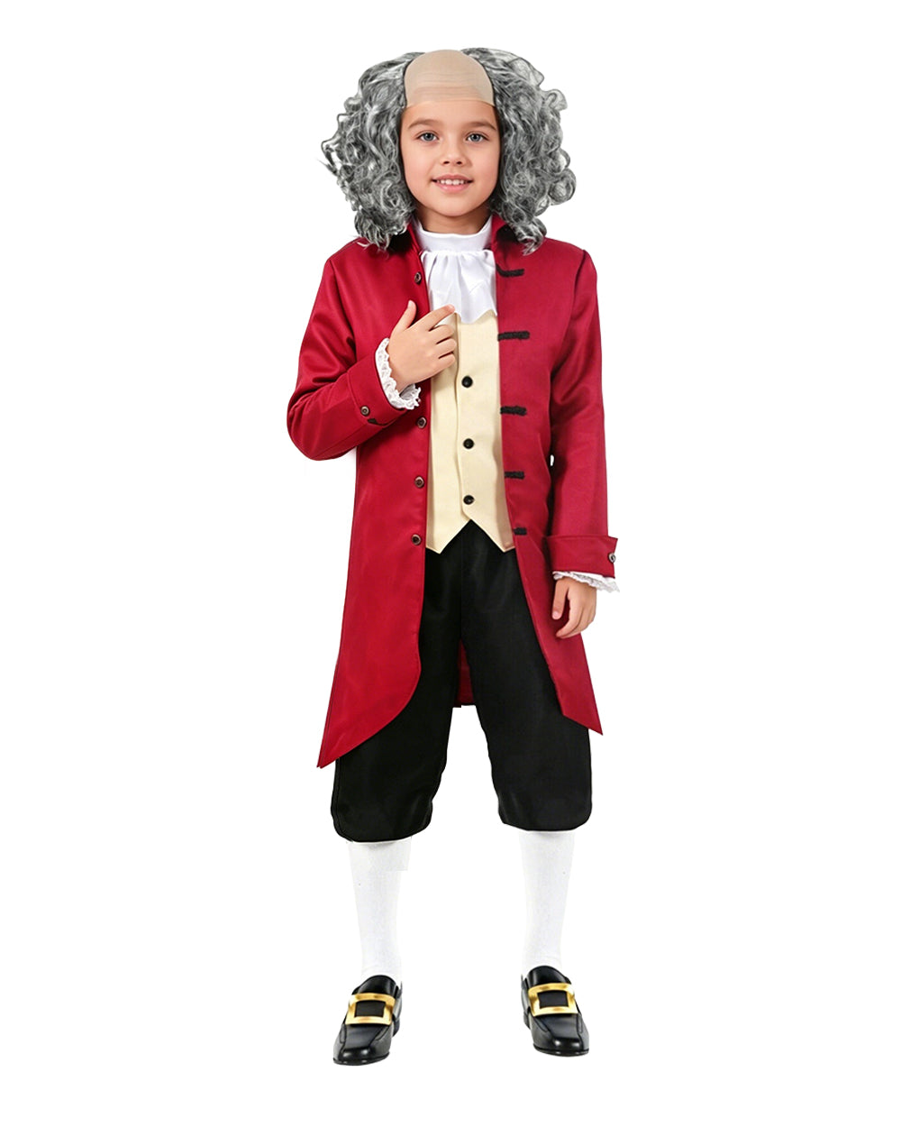 Boys July 4 Outfit Red Historical Costume with Bald Colonial Wig for USA Anniversary Celebrations