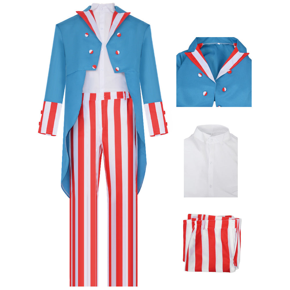 Mens Uncle Sam Costume 4th of July Outfit Tuxedo Pants and Shirt 3pcs Suit for Independence Day Parade