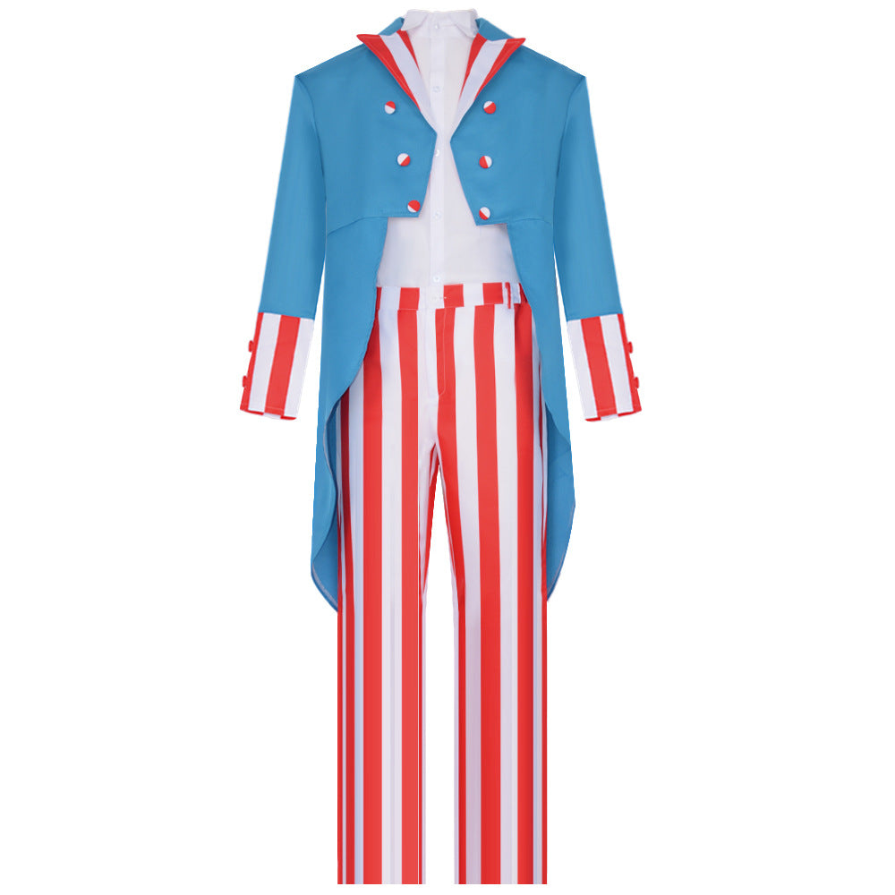 Mens Uncle Sam Costume 4th of July Outfit Tuxedo Pants and Shirt 3pcs Suit for Independence Day Parade