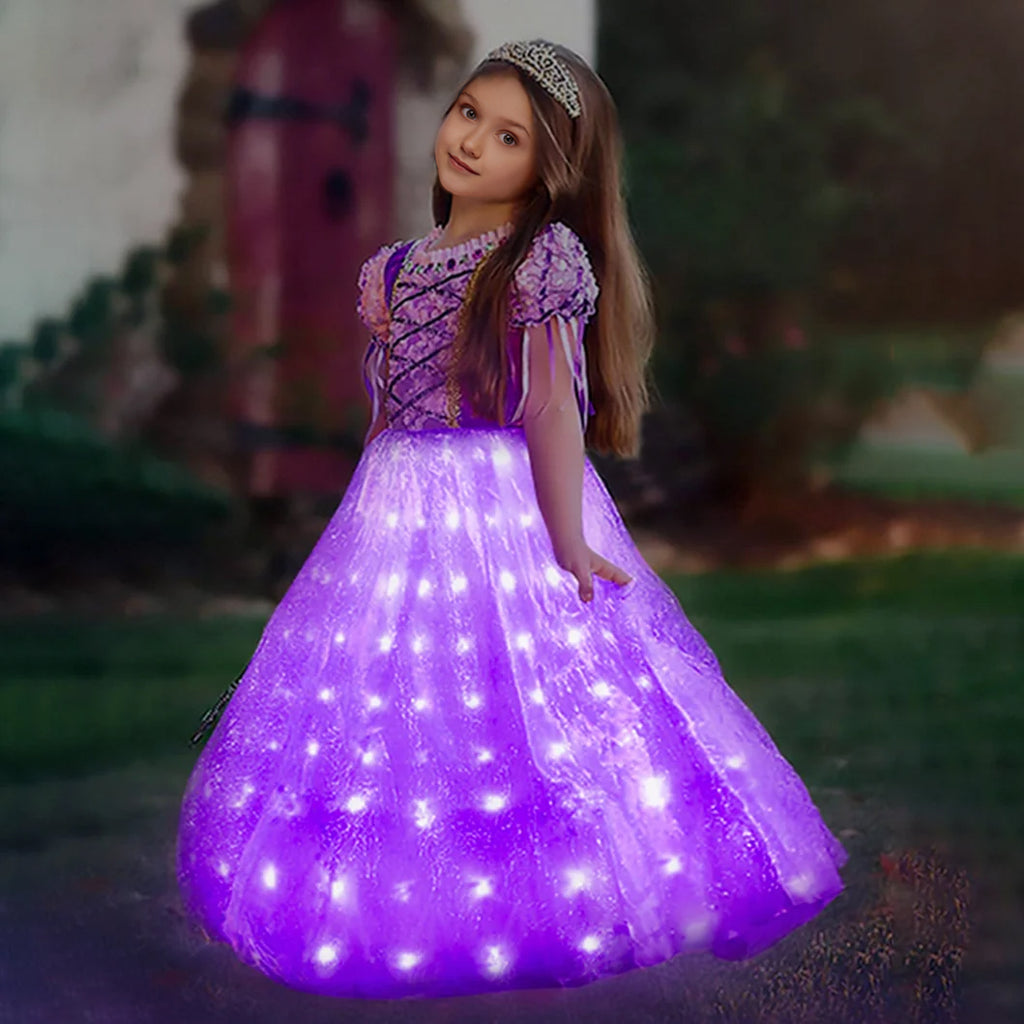 Girls Long Hair Princess Light Up Dress Fancy LED Ball Gown Dress for Party