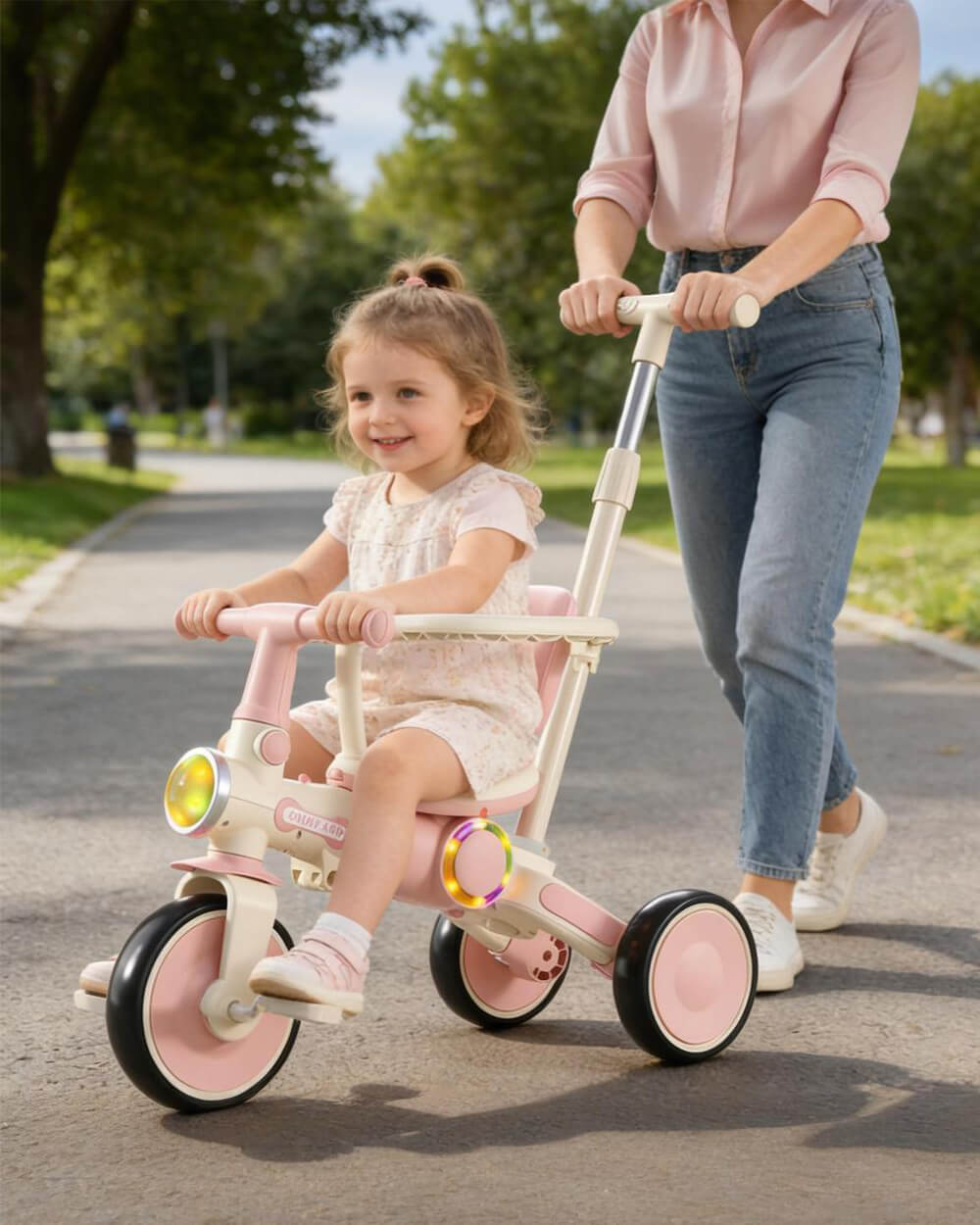 5-in-1 Toddler Tricycle with Music and Light Baby Stroller with Detachable Push Handle