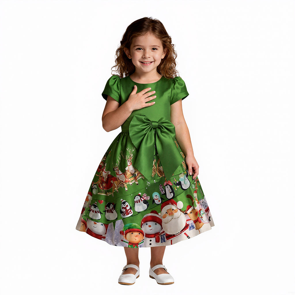 Christmas Party Dress Toddler Kids Short Sleeve Dress Santa Claus Elk Snowman Christmas Dress