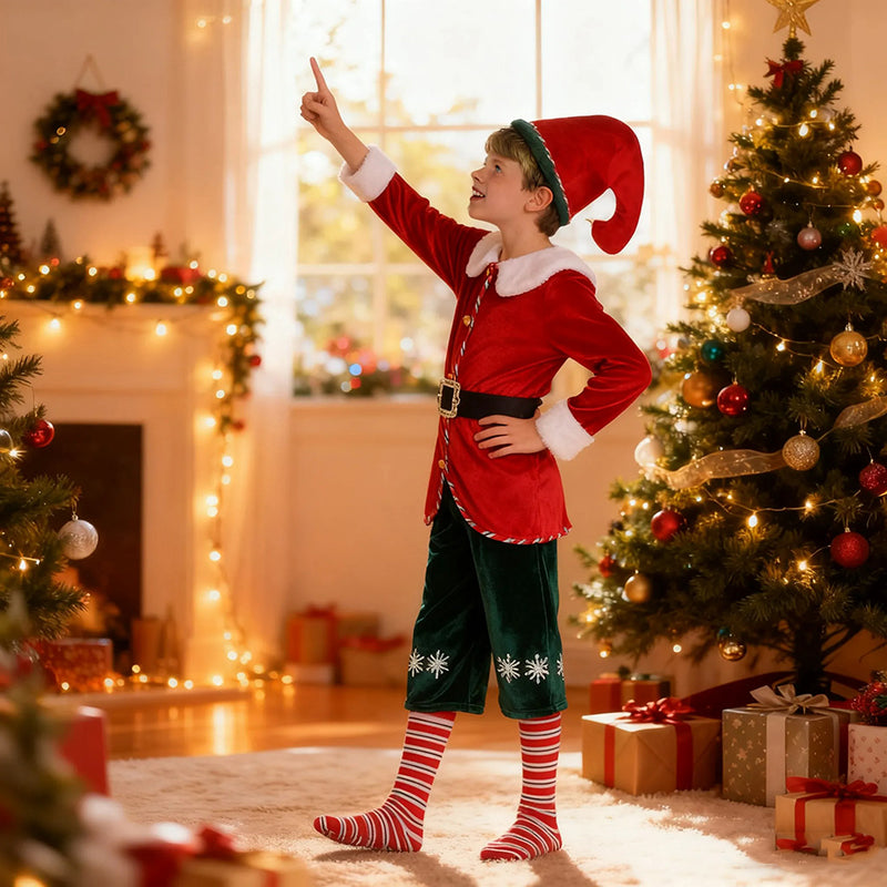 Kids Elf Costume Santa's Little Helper Red Green Velvet Christmas Party Outfit