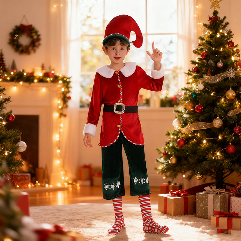 Kids Elf Costume Santa's Little Helper Red Green Velvet Christmas Party Outfit