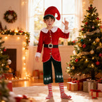 Kids Elf Costume Santa's Little Helper Red Green Velvet Christmas Party Outfit