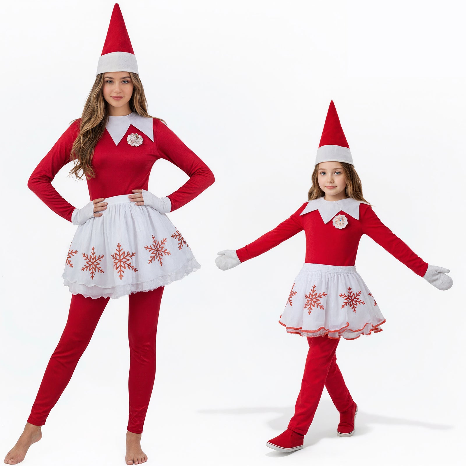 Christmas Elf Costume Mommy and Me Matching Christmas Outfits Jumpsuit Skirt Hat and Mittens 4pcs Suit