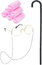 Girls 100th Days of School Costume Grandama Dress Walking Stick and Accessories for Kids