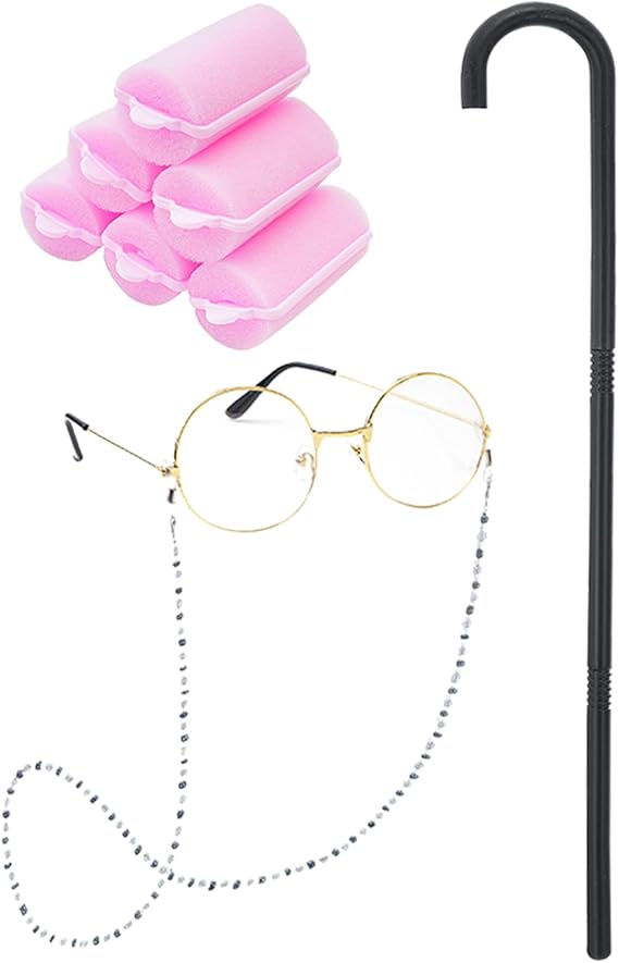 Girls 100th Days of School Costume Grandama Dress Walking Stick and Accessories for Kids