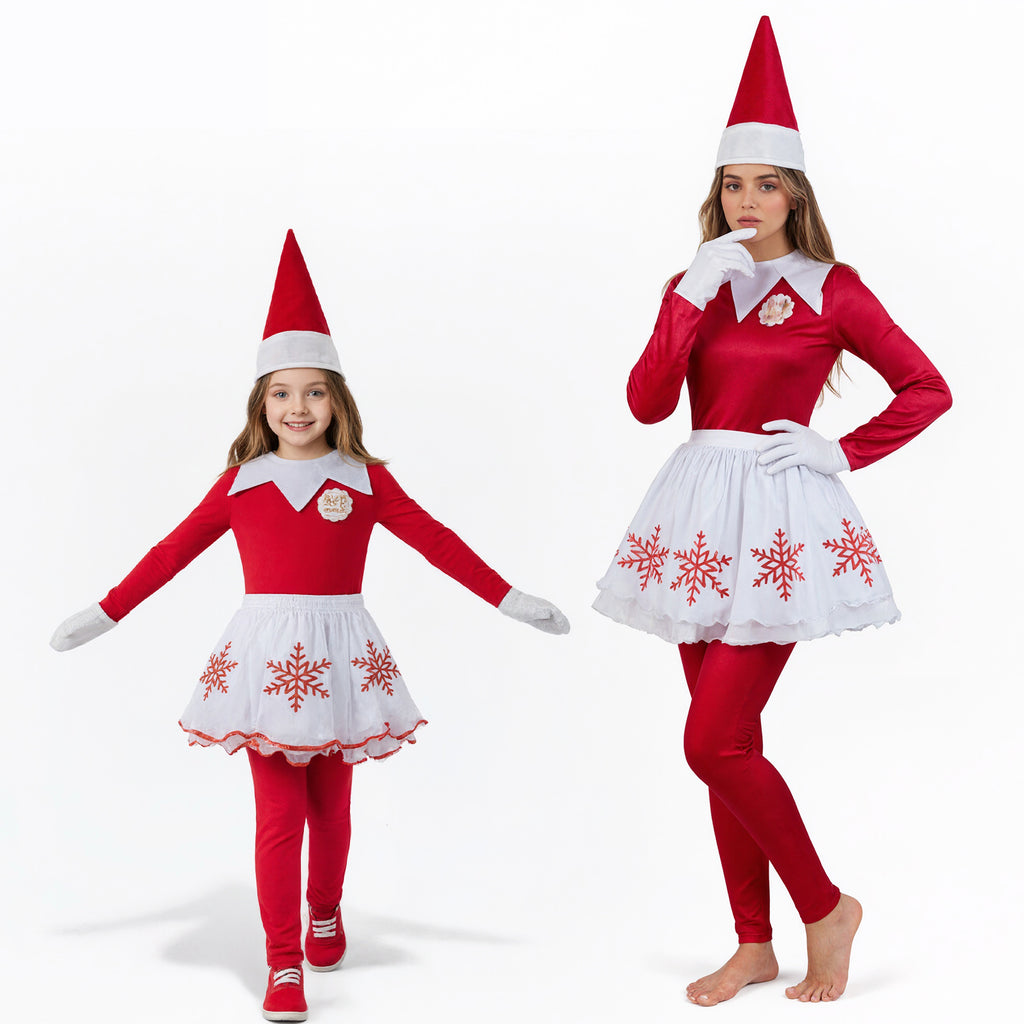 Christmas Elf Costume Mommy and Me Matching Christmas Outfits Jumpsuit Skirt Hat and Mittens 4pcs Suit