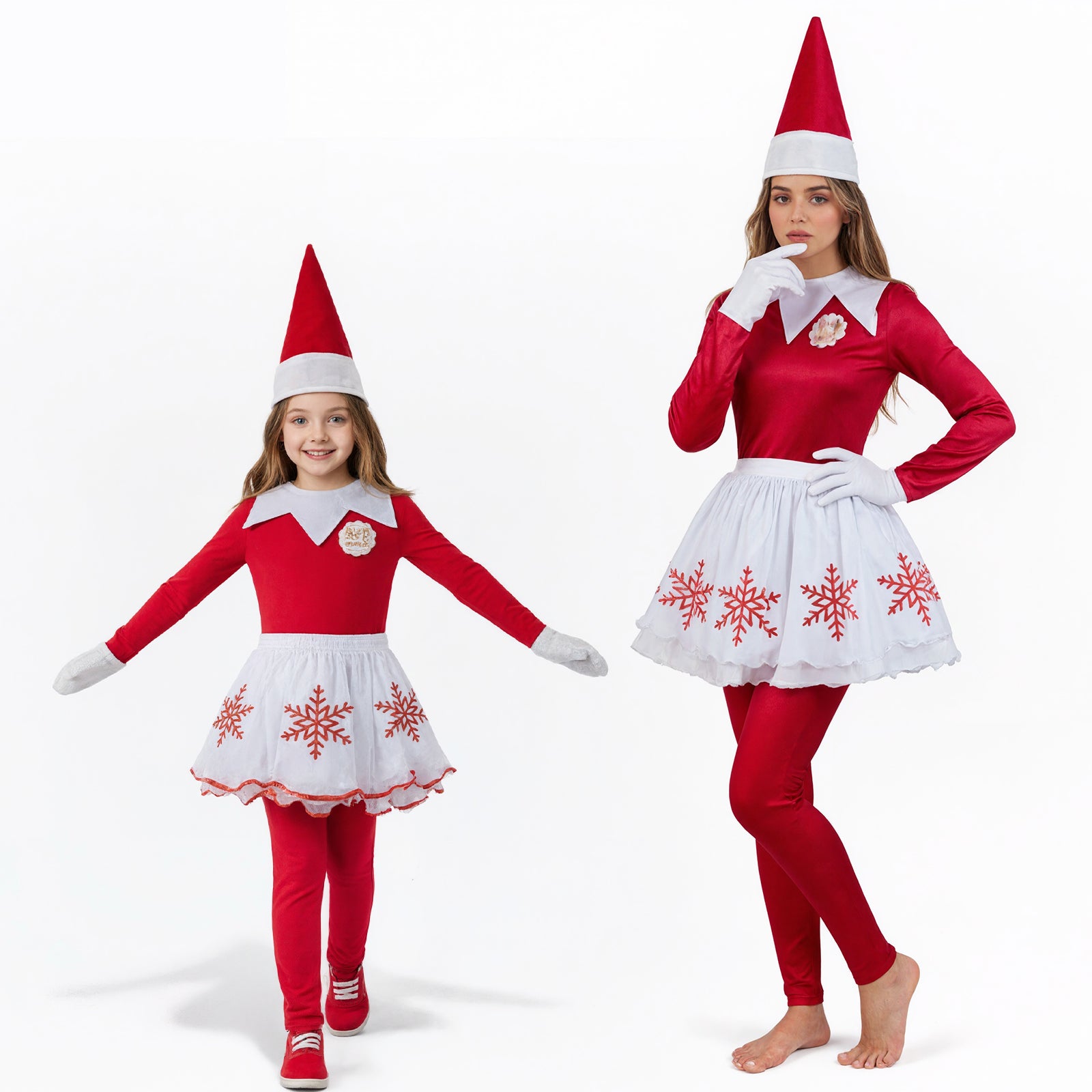 Christmas Elf Costume Mommy and Me Matching Christmas Outfits Jumpsuit Skirt Hat and Mittens 4pcs Suit