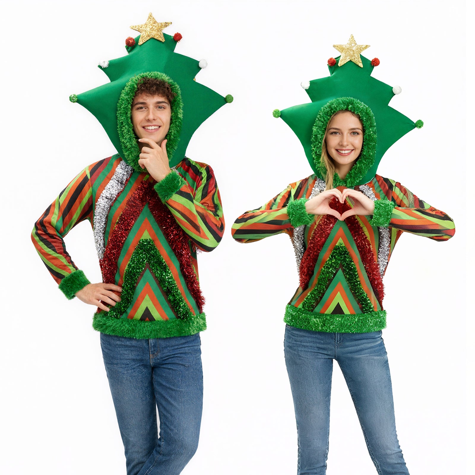 Unisex Ugly Christmas Sweater Women Men Christmas Outfit Funny Xmas Tree Hooded Sweatshirt