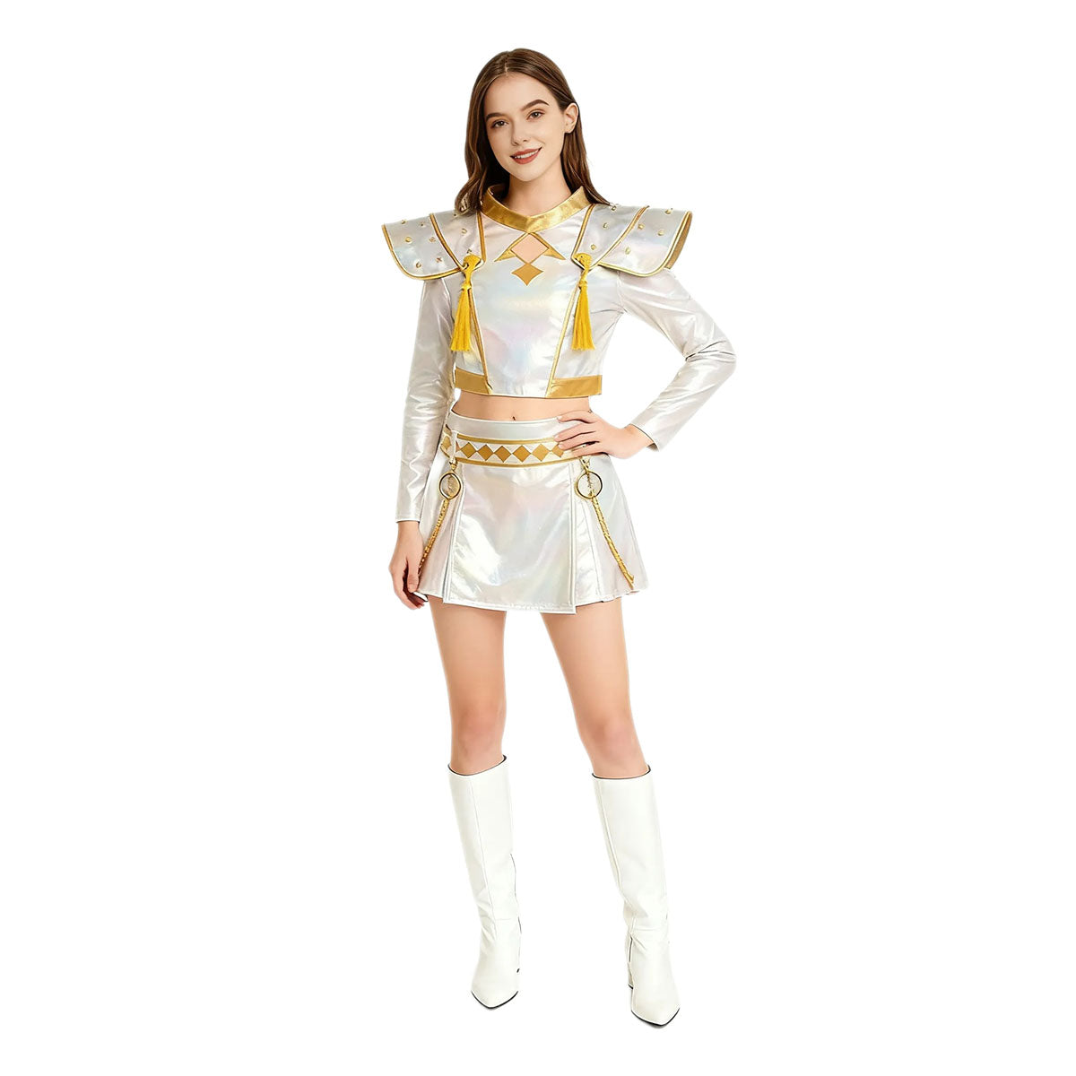 Pop Idol Costume White PU Leather Outfit Stage Performance Dress for Halloween Cosplay
