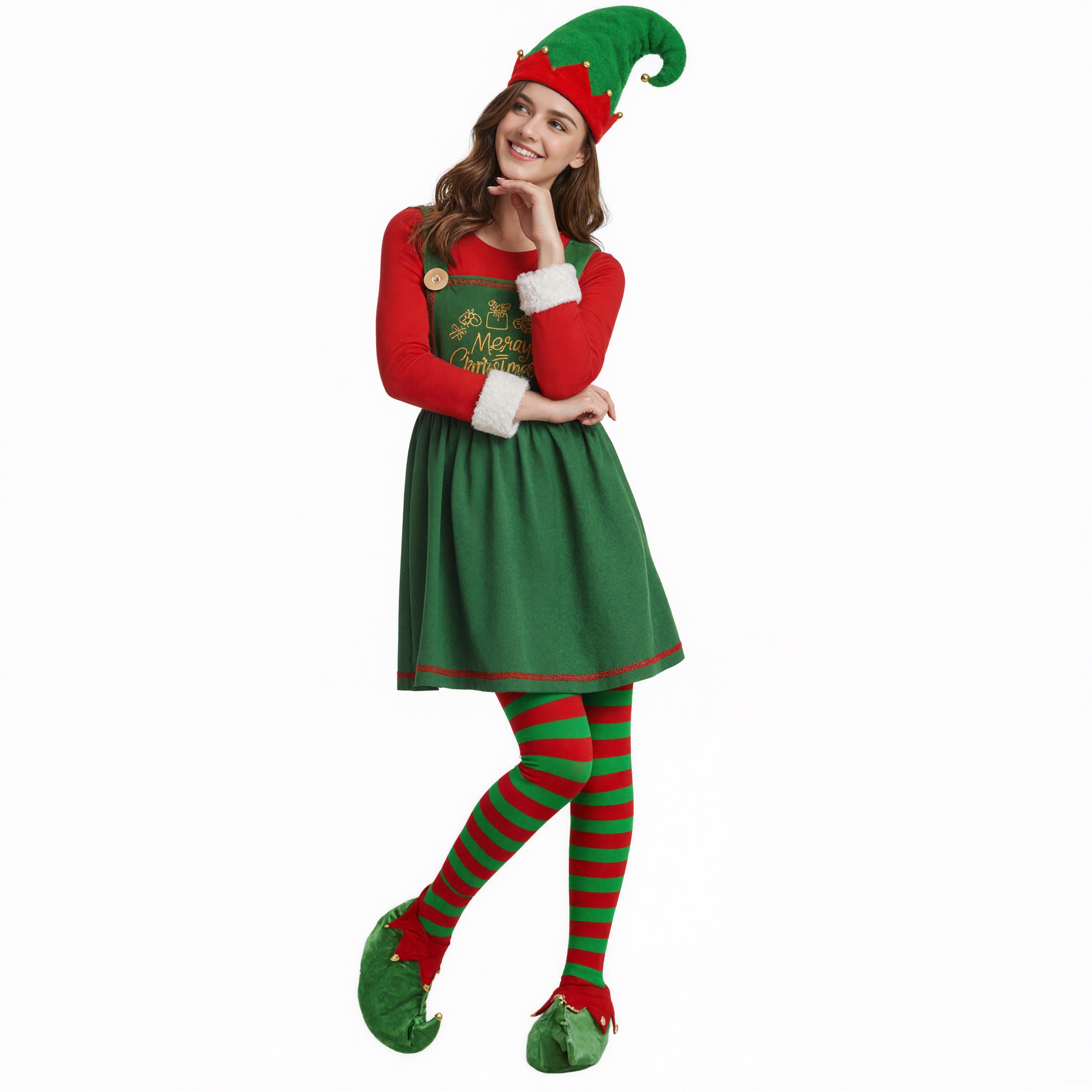 Elf Costume Cute Xmas Dress Hat Socks and Shoes 4pcs Suit Christmas Outfit for Kids Adults