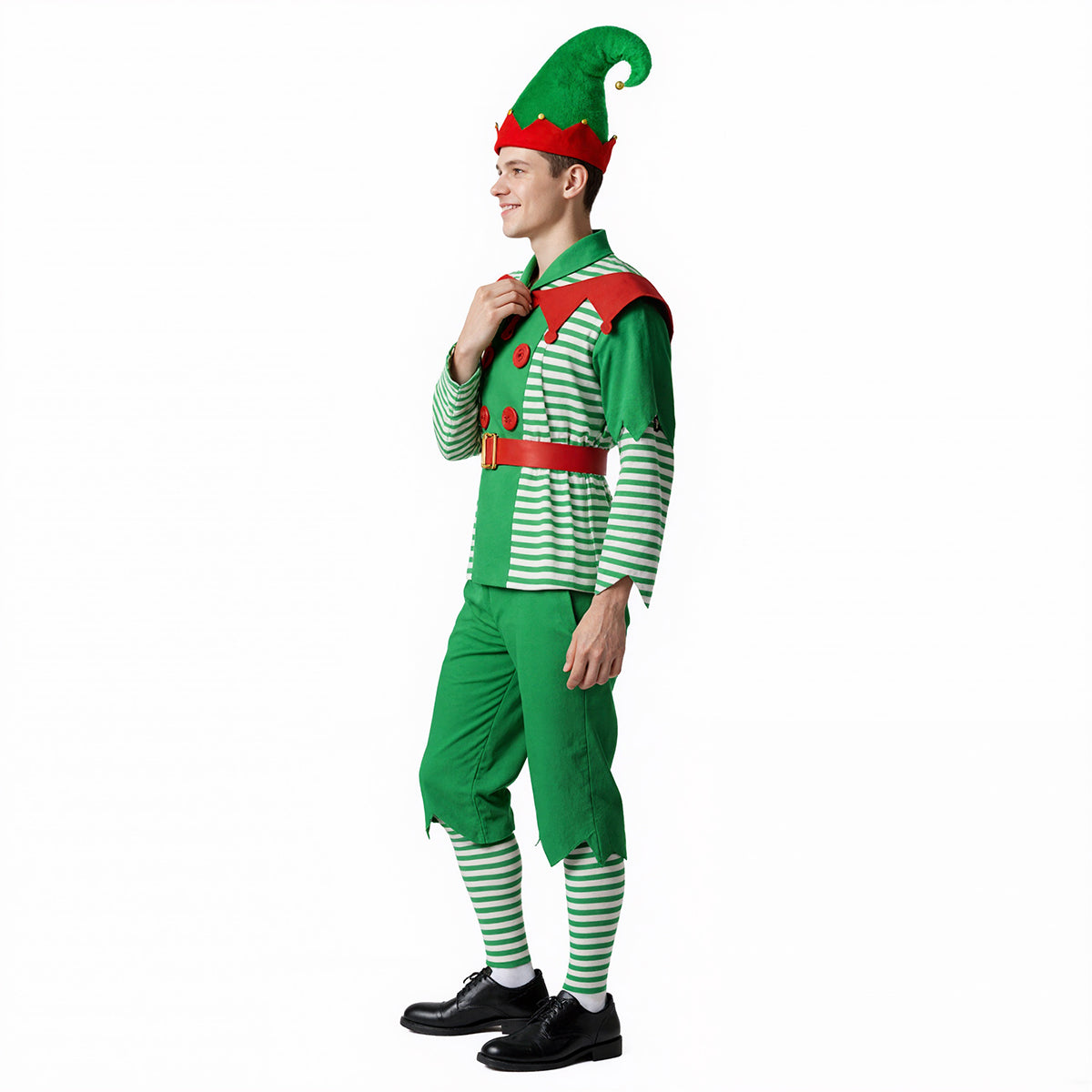 Men Elf Costume Christmas Party Oufit Green Tops Pants Hats and Shoes Full Set