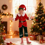 Kids Elf Costume Santa's Little Helper Red Green Velvet Christmas Party Outfit