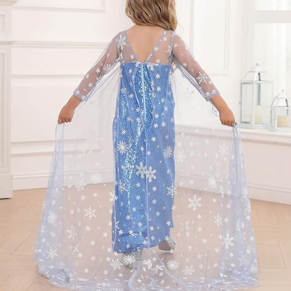 Little Girls Elsa Princess Dress Snow Queen Halloween Costume with Cape Crown Scepter and Wig 3-10 Years
