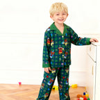 Kids Christmas Pajamas Unisex Green Long Sleeve Button Down Loungewear Plaid Xmas Jammies