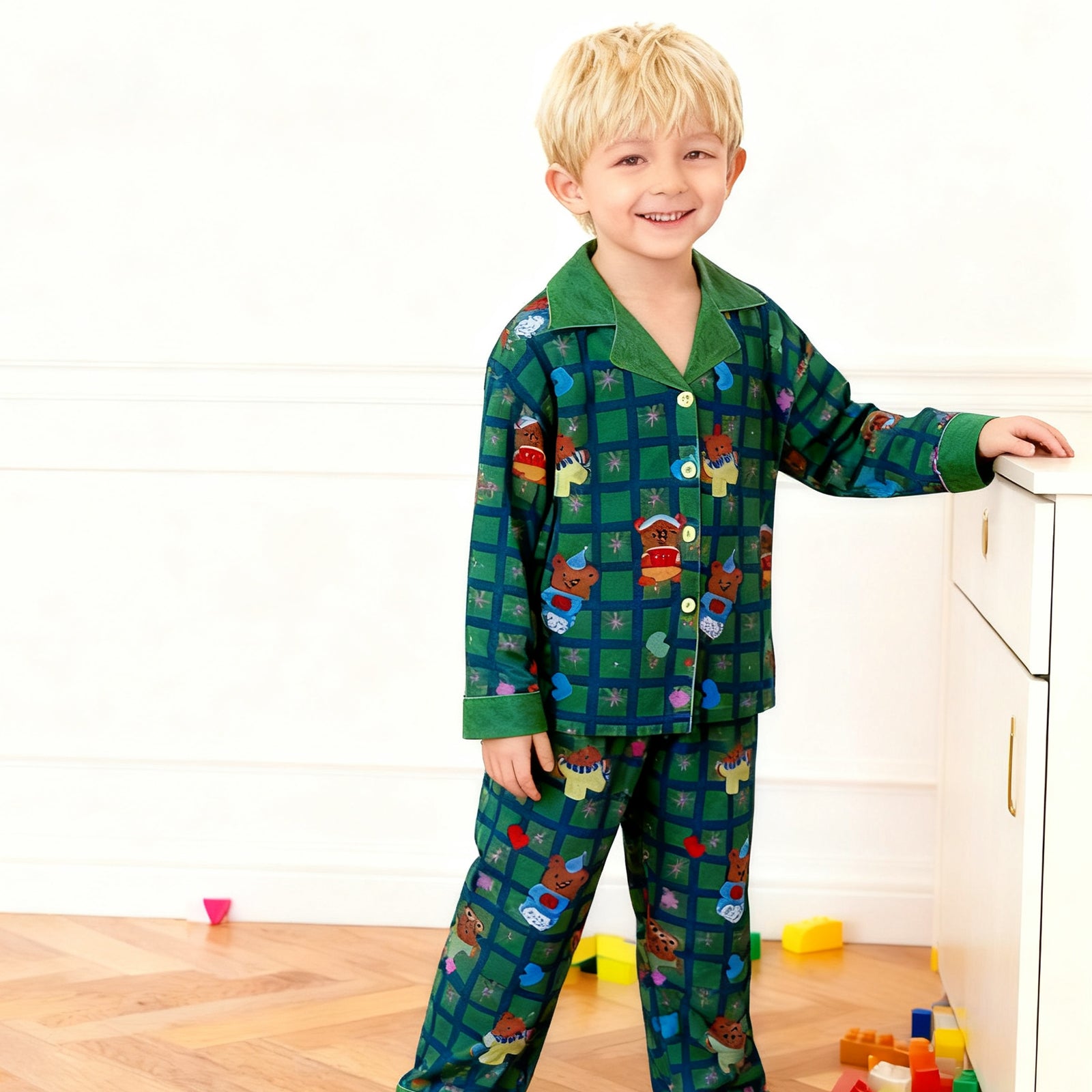 Kids Christmas Pajamas Unisex Green Long Sleeve Button Down Loungewear Plaid Xmas Jammies