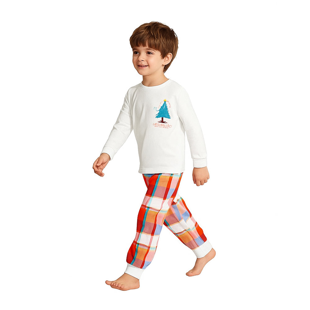 Boys Christmas Pajamas White Long Sleeve Top with Plaid Pants for Sleepwear