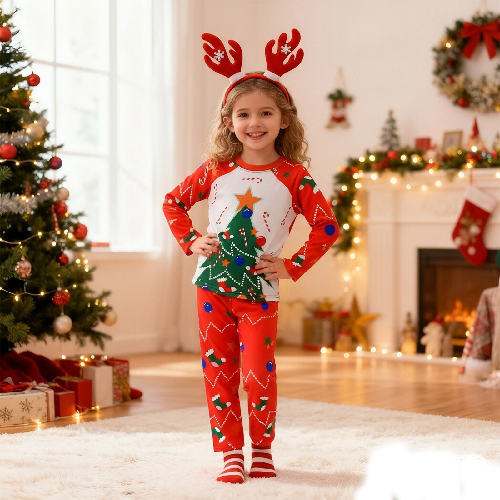 Kids Christmas Pajamas with Socks and Headband Xmas Holiday Outfit for Boys Girls