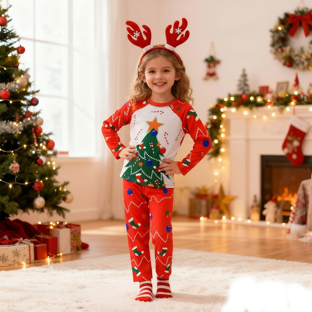 Kids Christmas Pajamas with Socks and Headband Xmas Holiday Outfit for Boys Girls