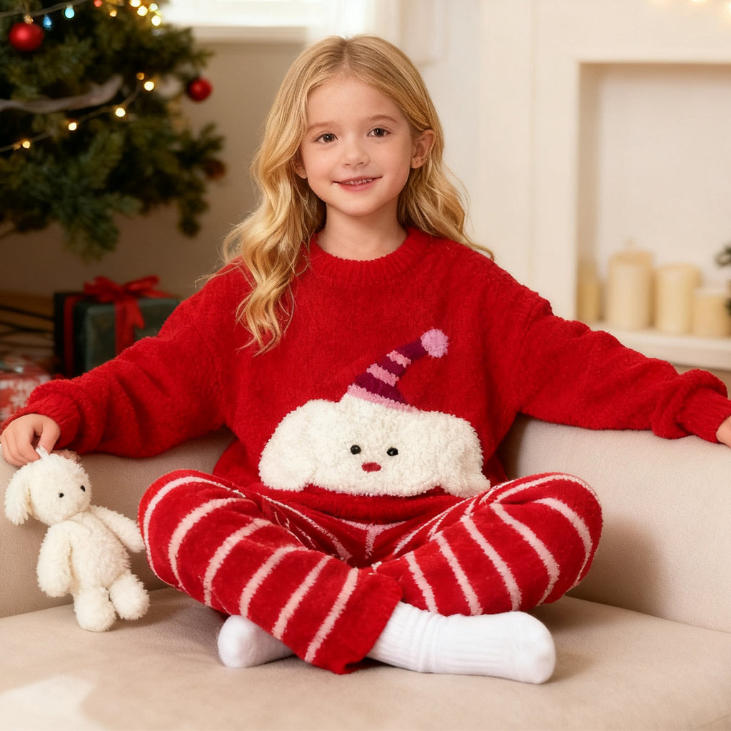 Girls Christmas Sleepwear Red Sweatshirt and Striped Pants for Xmas Eve
