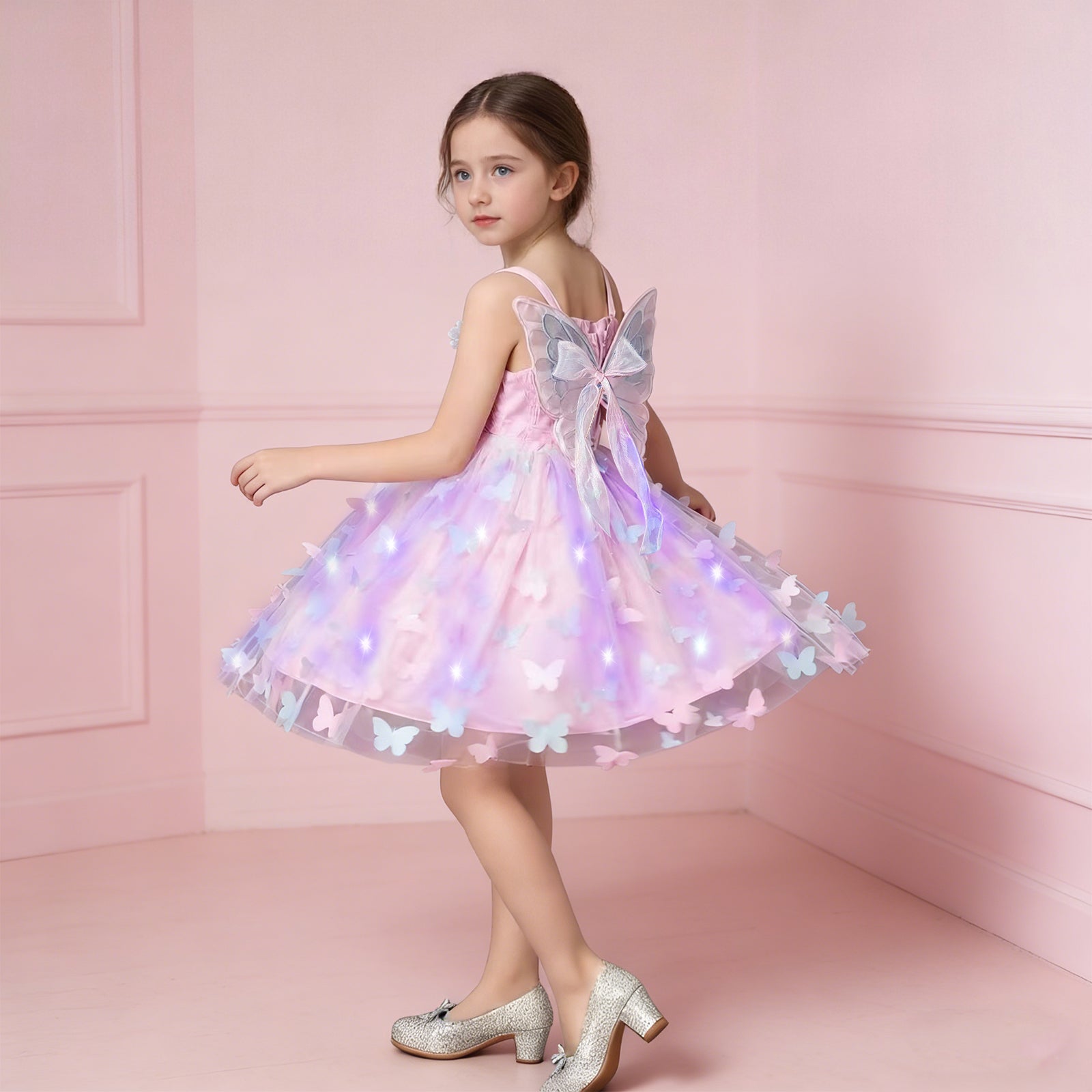 Girls Glow Party Dress Light Up Butterfly Tulle Gown with 3D Wing Sparkly Fairy Costume with Colorful Lights