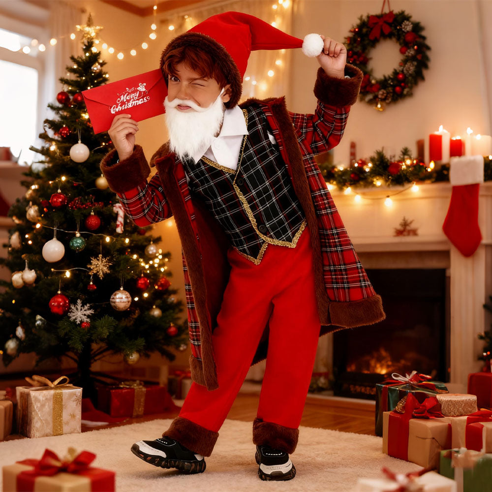 Boys Santa Costume Red Overcoat Pants Hat and Vest 4pcs Suit for Christmas Party