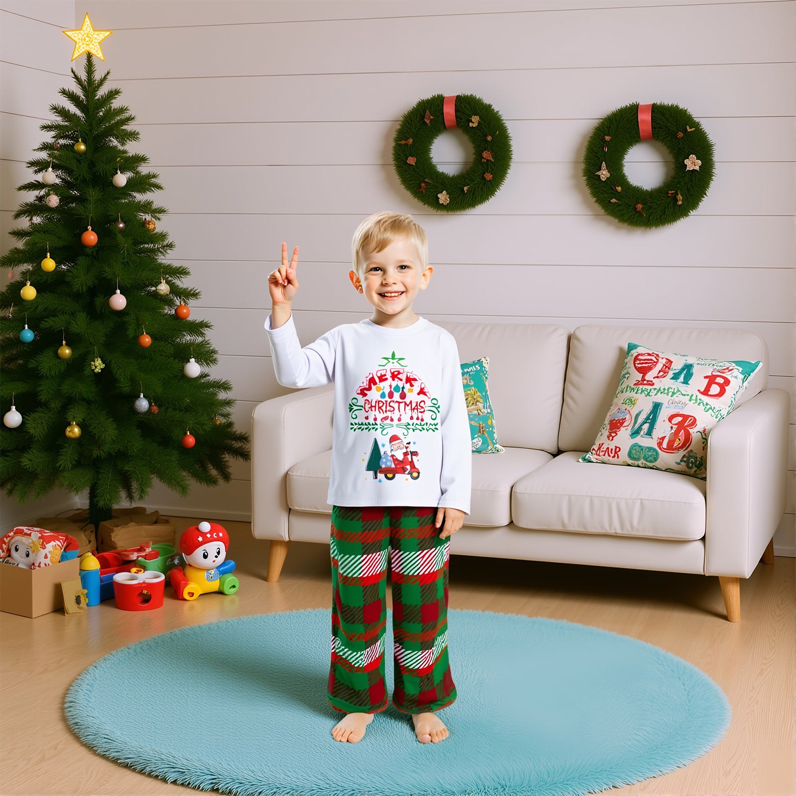 Family Christmas Pajamas Merry Christmas Print Top with Red-Green Plaid Pants Xmas Jammies Set