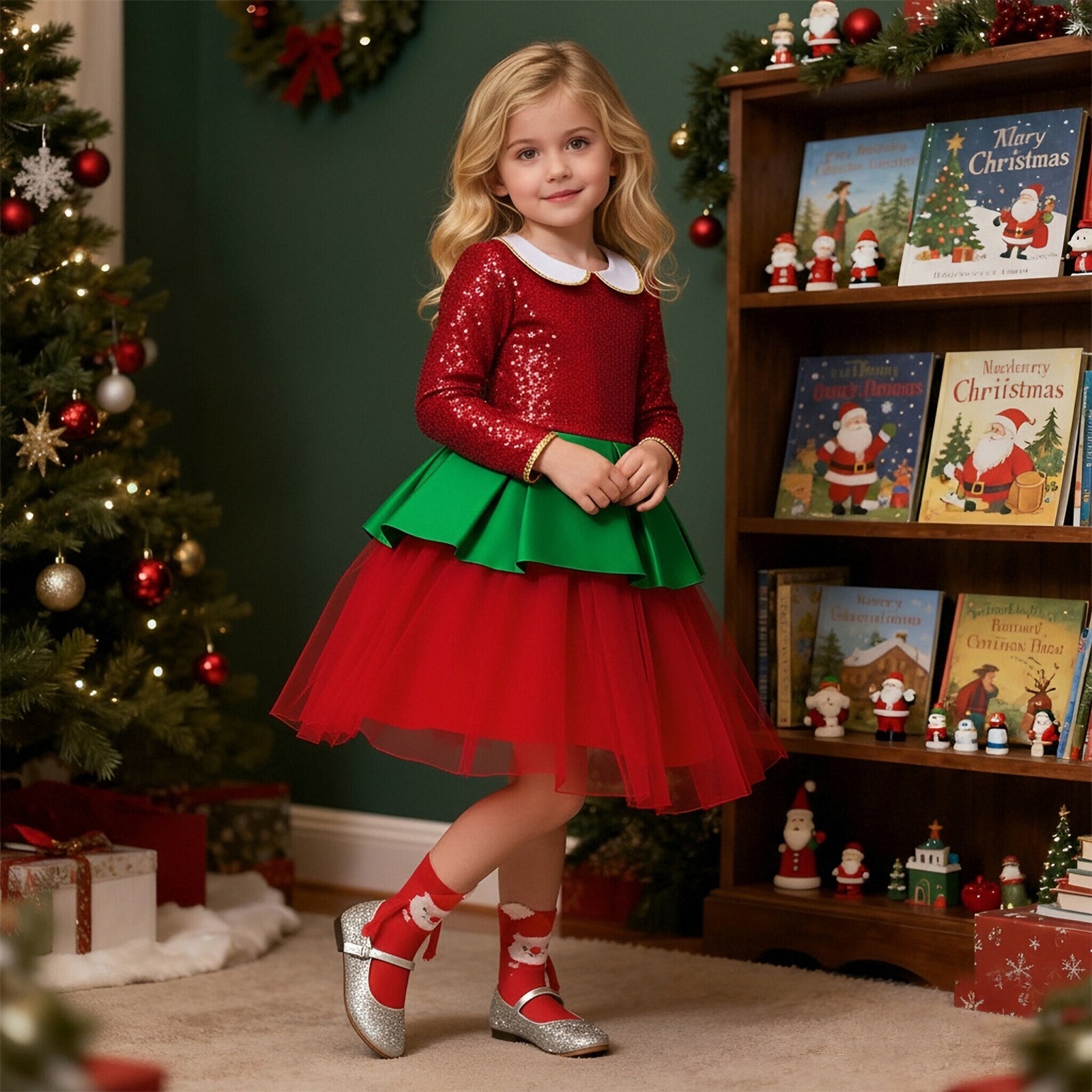Christmas Dress Ready To Ship Girls Red Ball Gown with Magnetic Hand-holding Socks Best Xmas Gift