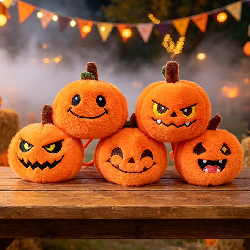 5pcs Halloween Plush 3.94'' Pumpkin Keychain Soft Stuffed Bag Charm Pendant with Funny Facial Expressions