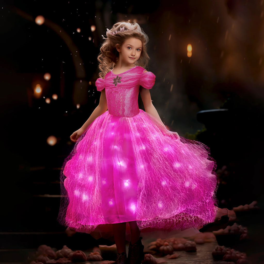 Girls Princess Aurora Light Up Dress Briar Rose Glowing Costume LED Party Dress