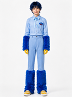 Blue Monster Costume Scary Toy Factory Uniform Set with Fuzzy Cuffs for Kids Adults Themed Party