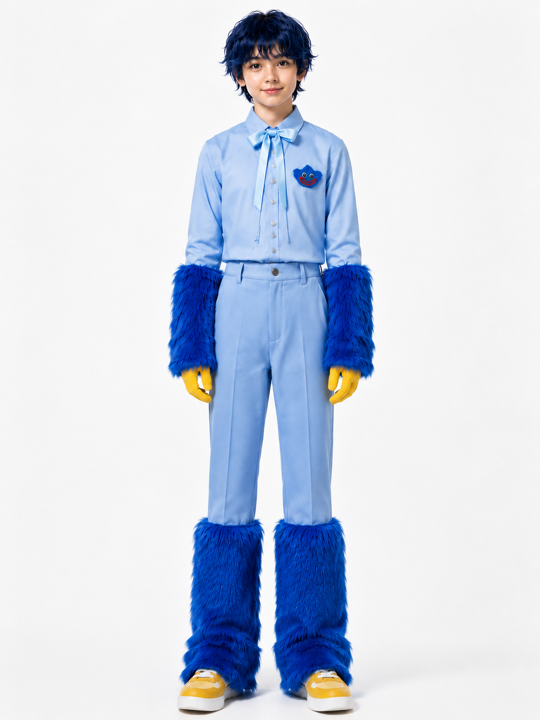 Blue Monster Costume Scary Toy Factory Uniform Set with Fuzzy Cuffs for Kids Adults Themed Party
