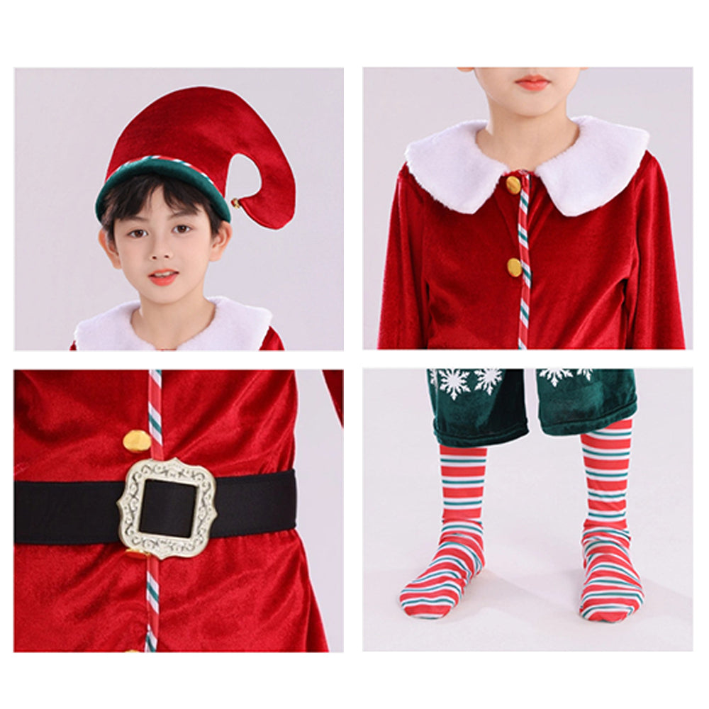 Kids Christmas Costume Unique Gift Box Tops with Hat Beard and Jumpsuit for Boys Girls