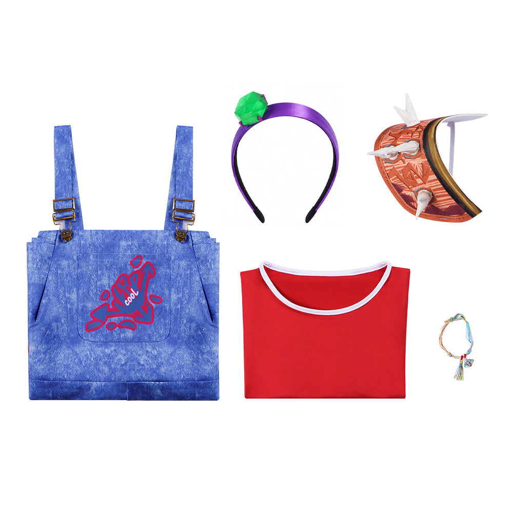 Island Adventure Outfit Red Shirt Overalls Shoulder Pad and Accessories 5pcs Suit for Kids Adults Dress-up Party