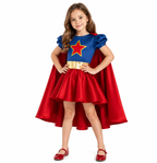 Girls Blue and Red Superhero Dress with Cape Shiny Gold Belt Red Star Costume for Halloween Themed Party