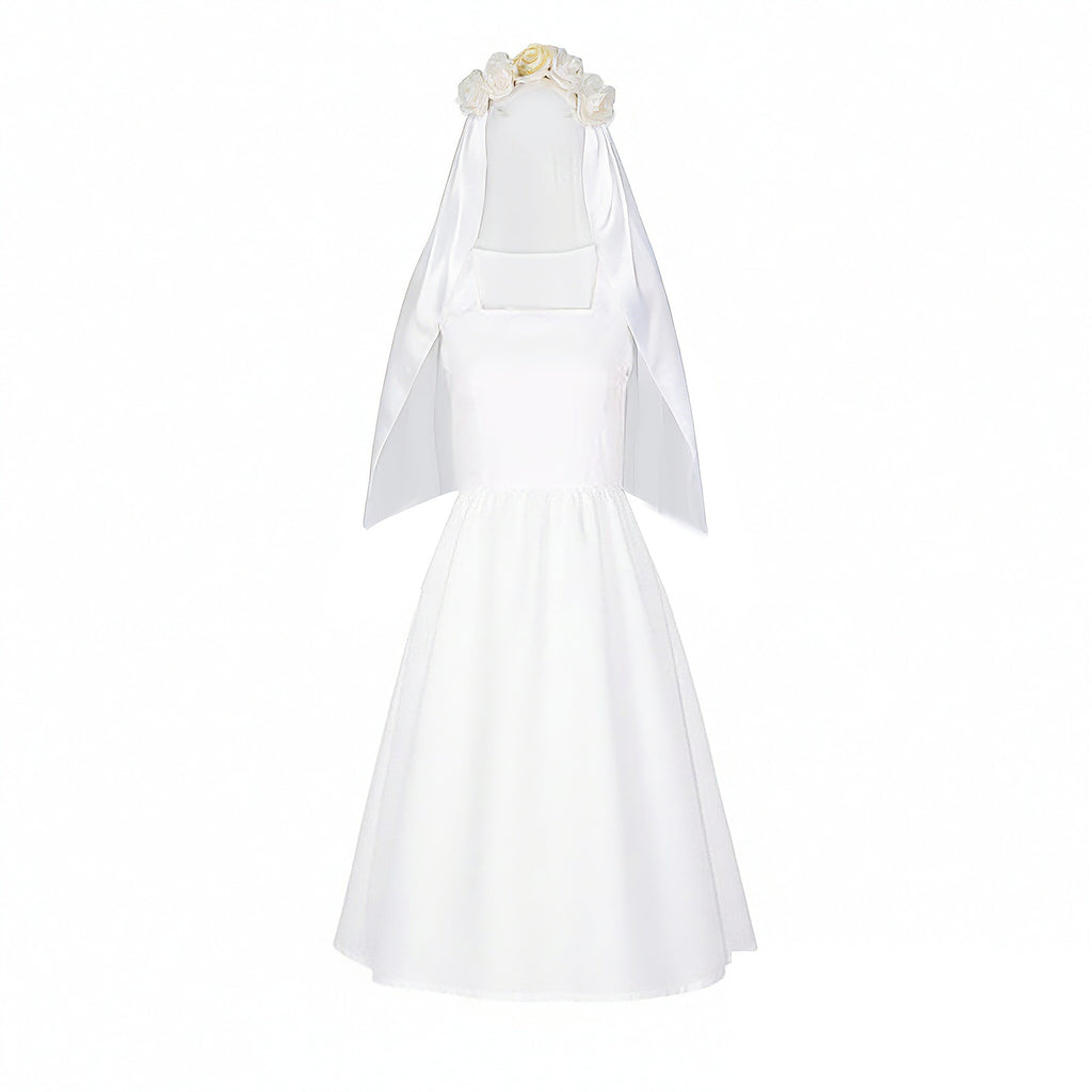 Lucy Wedding Dress White Gown with Veil Set Vault Dweller Costume for Cosplay Party