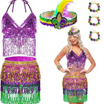 Ladies Mardi Gras Outfits Sequin Tassel Tops Skirt and Headband for Carnival