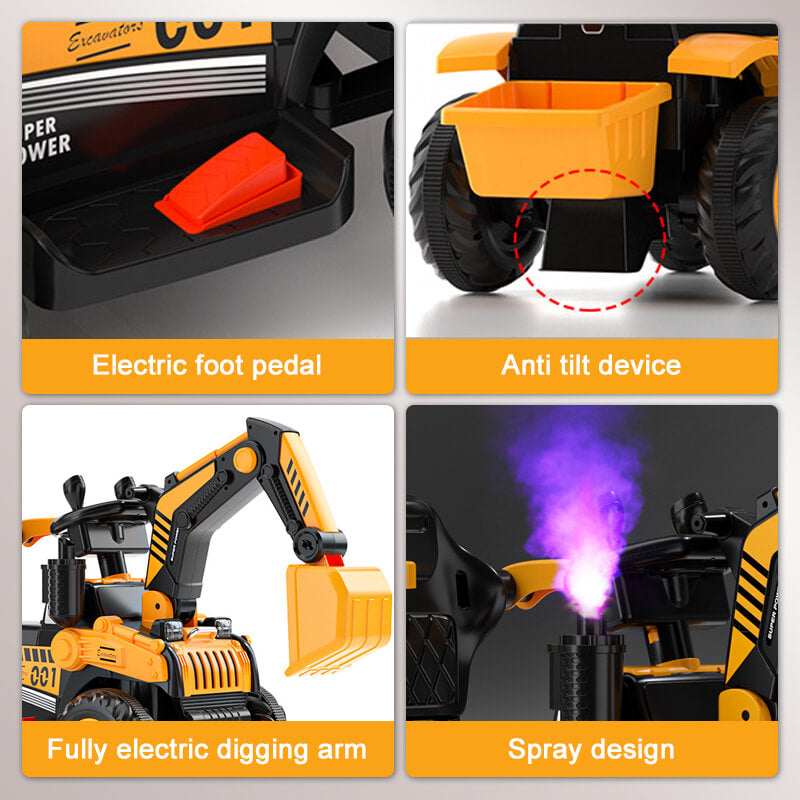 Toddler 3-in-1 Electric Excavator 6V Ride-on Stroller wIth Safe Belt Battery Power Excavator