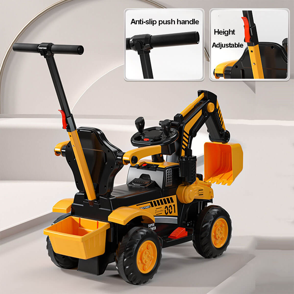 Toddler 3-in-1 Electric Excavator 6V Ride-on Stroller wIth Safe Belt Battery Power Excavator