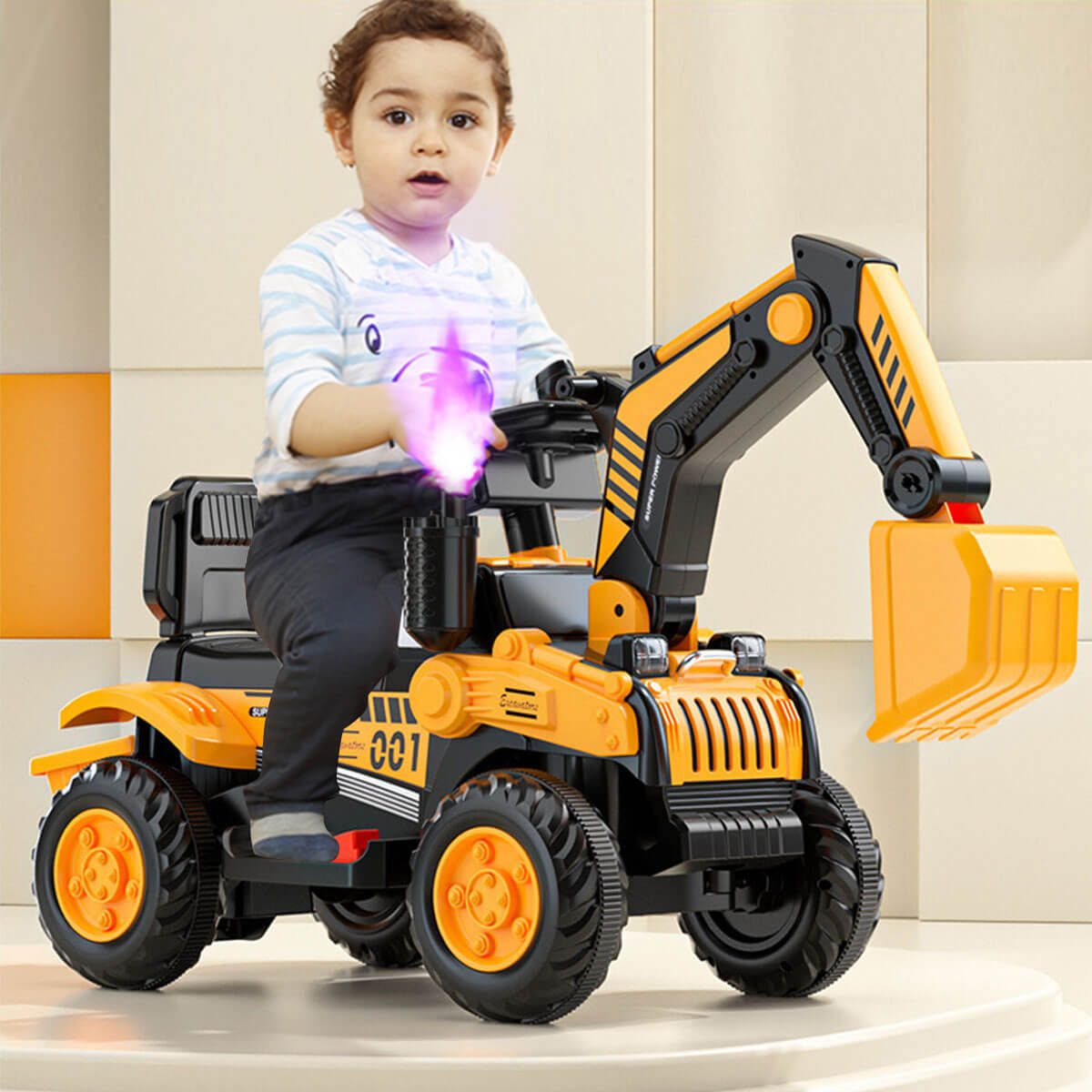 6V Electric Excavator Kids Water Spray Ride-on Toys Outdoor Indoor Excavator Car With Light & Music